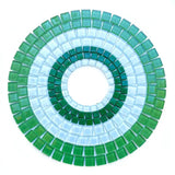 Circular mosaic design with green and blue tiles 