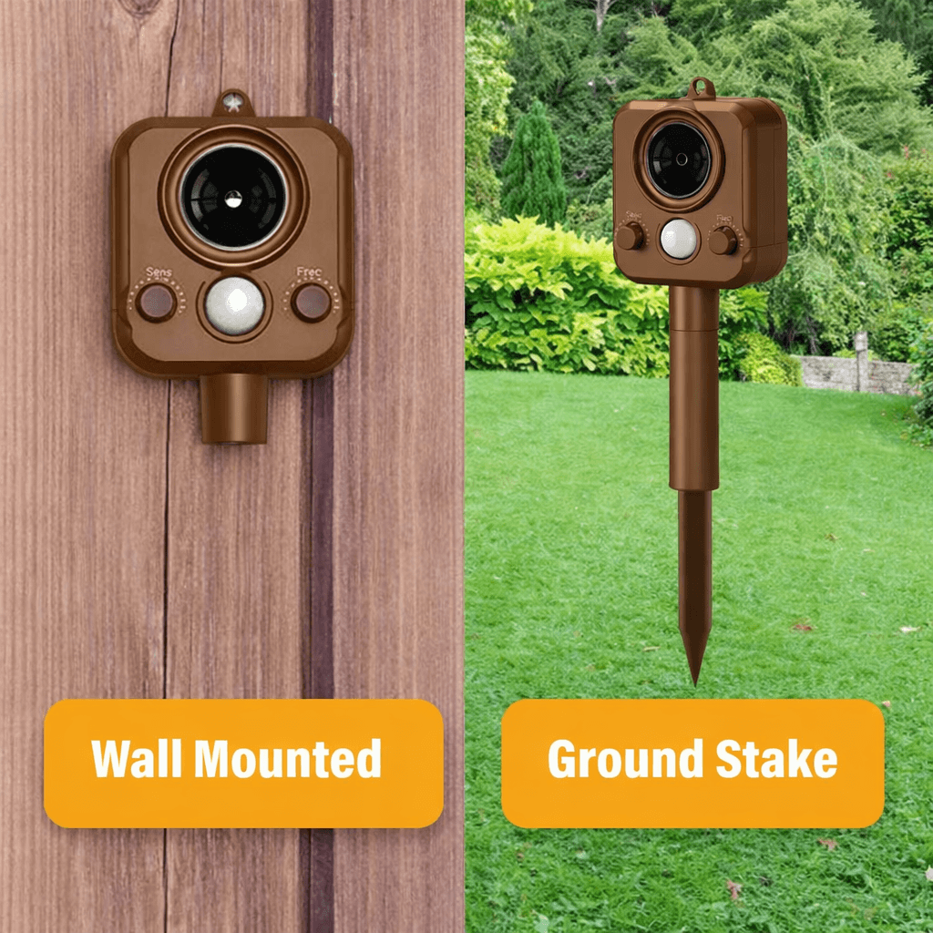 Fox repeller shown as mounted or ground stake options