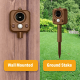 Fox repeller shown as mounted or ground stake options