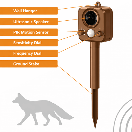 features of fox repeller highlighted with arrows and a shadow of a fox