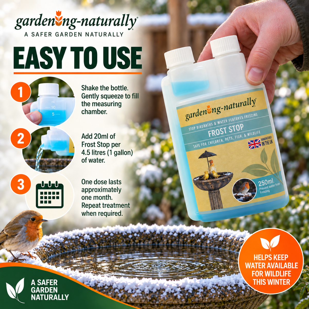 Gardening Naturally Frost Stop being added to a bird bath, showing how to measure and use the winter treatment to help prevent freezing.