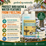 A promotional graphic for gardenng-naturally FROST STOP bird bath and water feature freeze protectant. The image features two white plastic bottles with labels, set against a snowy outdoor background with a bird of prey.