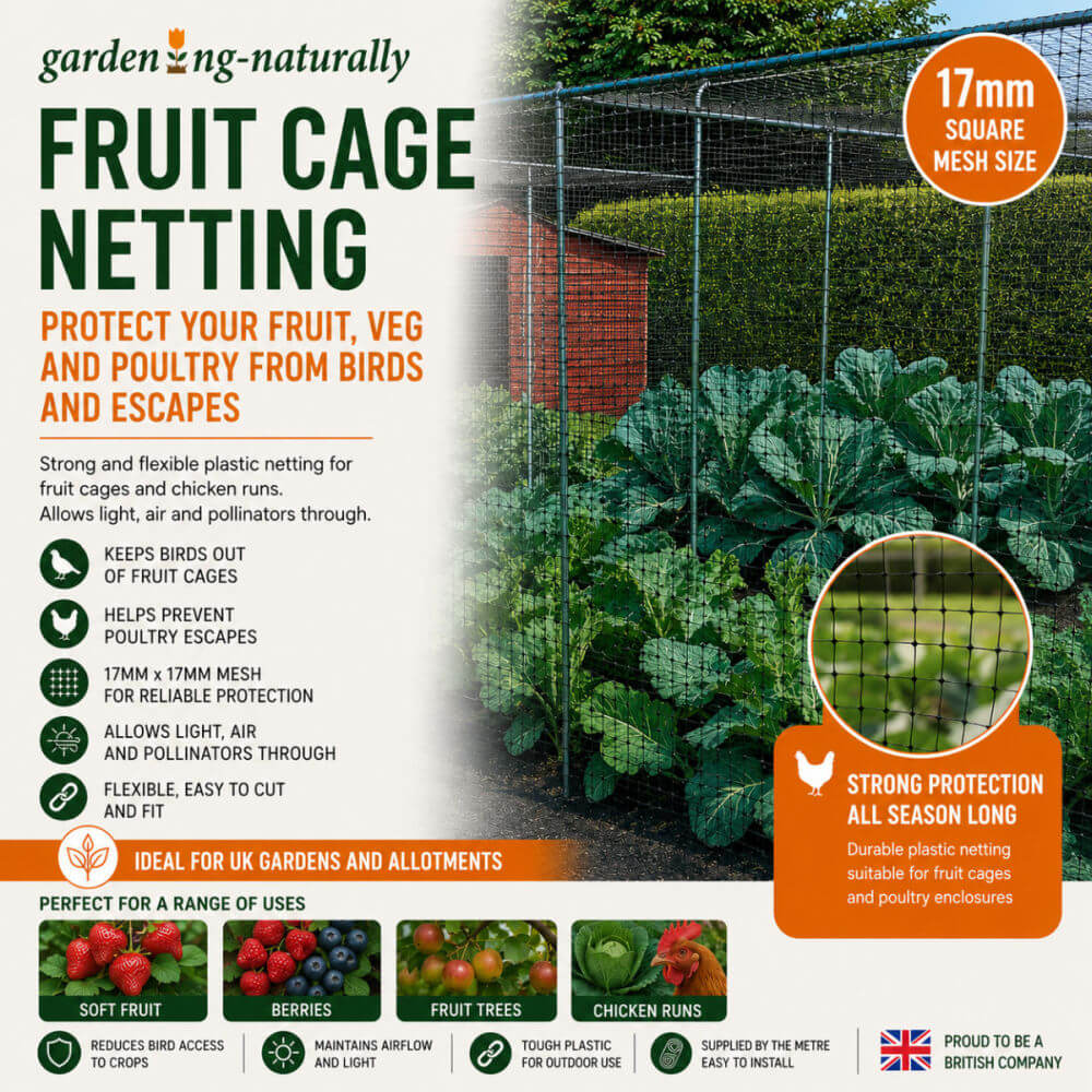 Information graphic for garden-zng-naturally 17mm square mesh fruit cage netting, showing installed netting 