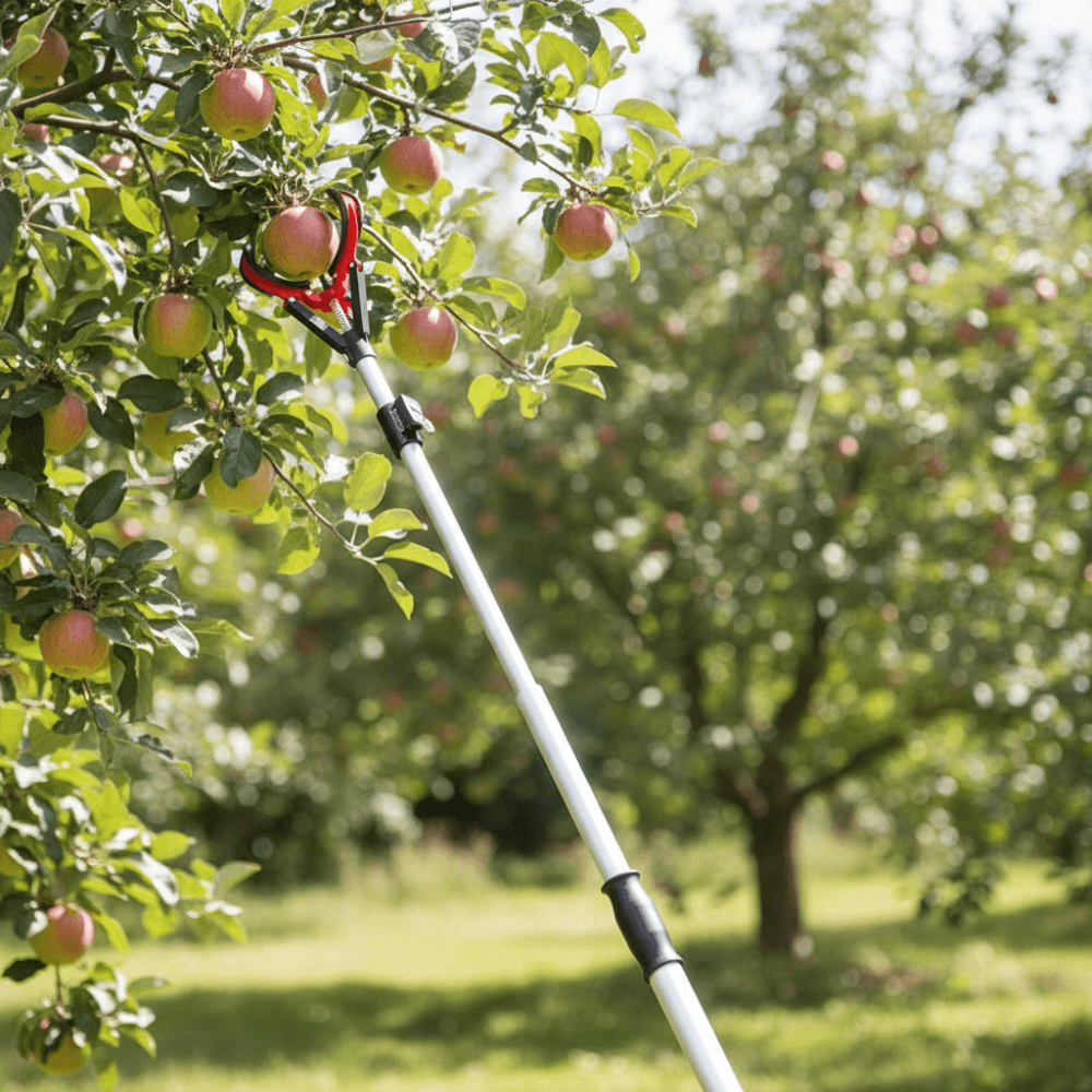 Apple picker tool being used to harvest apples from a tree in an orchard.