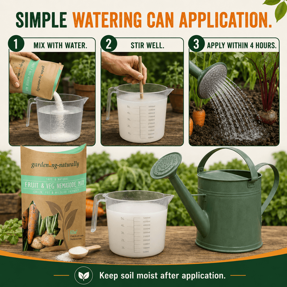 Instructional graphic for garden-ng-naturally Fruit & Veg.  Showing three-step watering can application process, alongside the product packaging, a measuring cup with nematode powder, and a green watering can on a wooden table with a garden background.