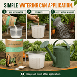 Instructional graphic for garden-ng-naturally Fruit & Veg.  Showing three-step watering can application process, alongside the product packaging, a measuring cup with nematode powder, and a green watering can on a wooden table with a garden background.