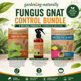 Gardening Naturally Fungus Gnat Control Bundle with products and packaging on a blurred natural background.
