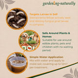 Gardening naturally product description with images of compost, a dog and child with plants, and water application.