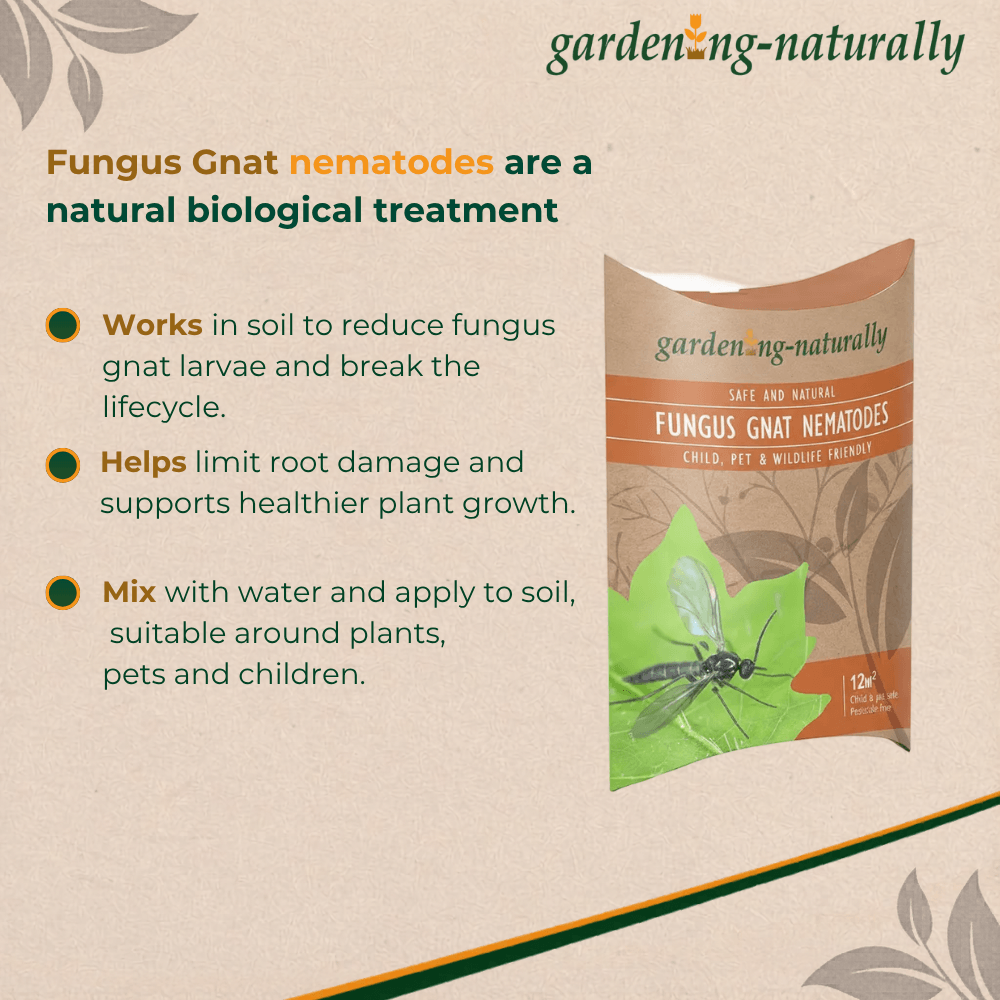 Gardening-Naturally Fungus Gnat Nematodes packaging with product description on a beige background