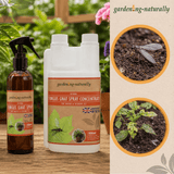 Gardening Naturally pest control products with images of pests and plants on a wooden surface.