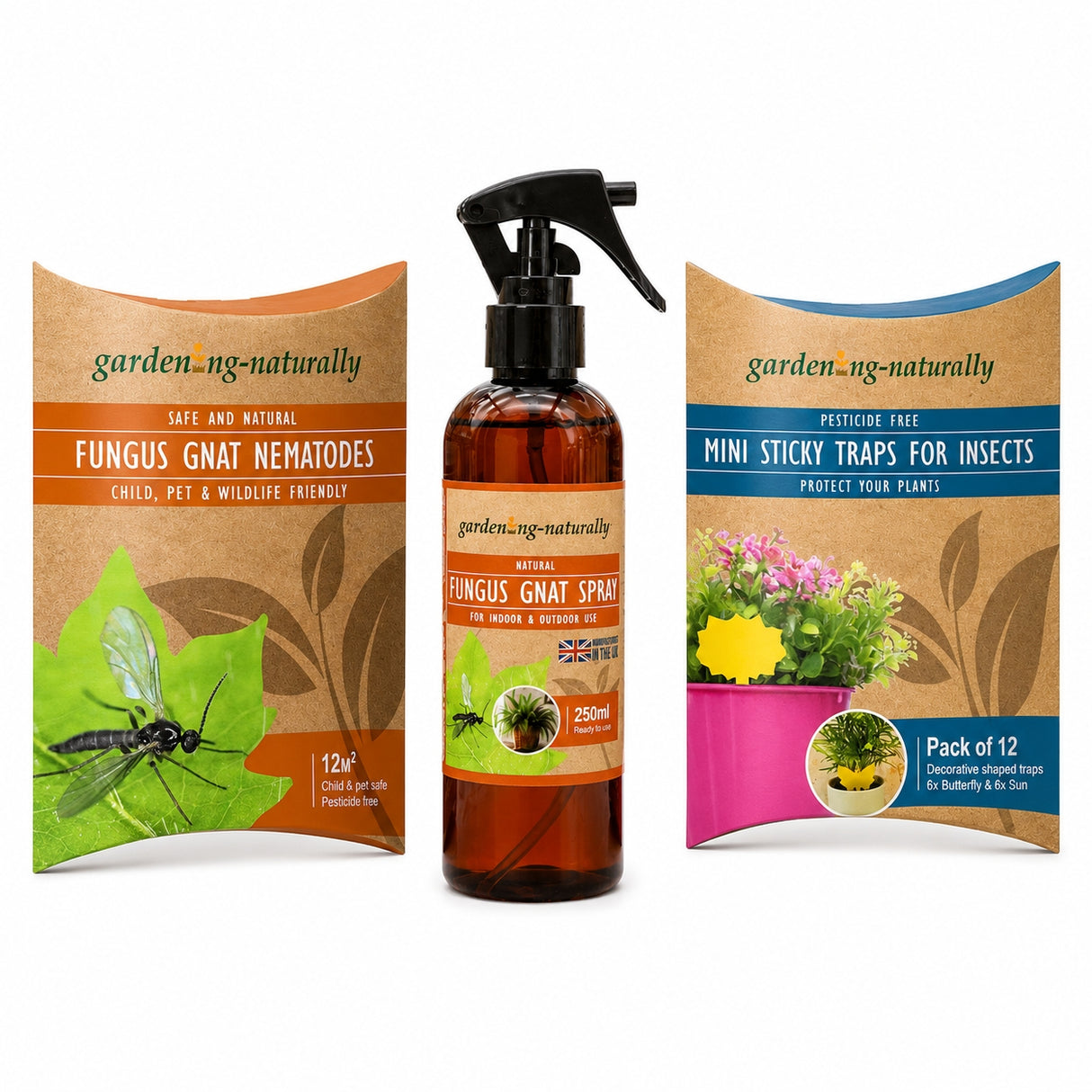 Gardening products including Fungus Gnat Nematodes, Spray, and Mini Sticky Traps for Insects on a white background.