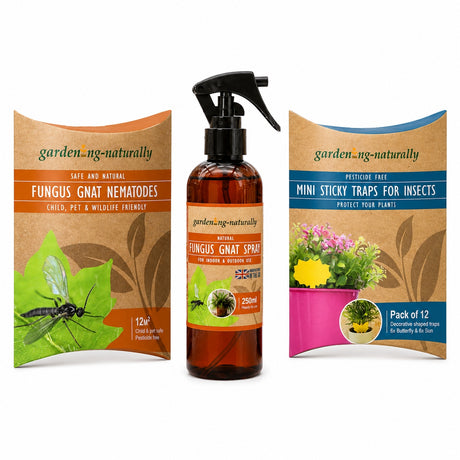 Gardening products including Fungus Gnat Nematodes, Spray, and Mini Sticky Traps for Insects on a white background.
