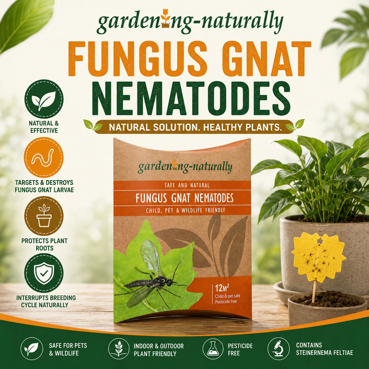Gardening-Naturally Fungus Gnat Nematodes packaging with plant and outdoor background