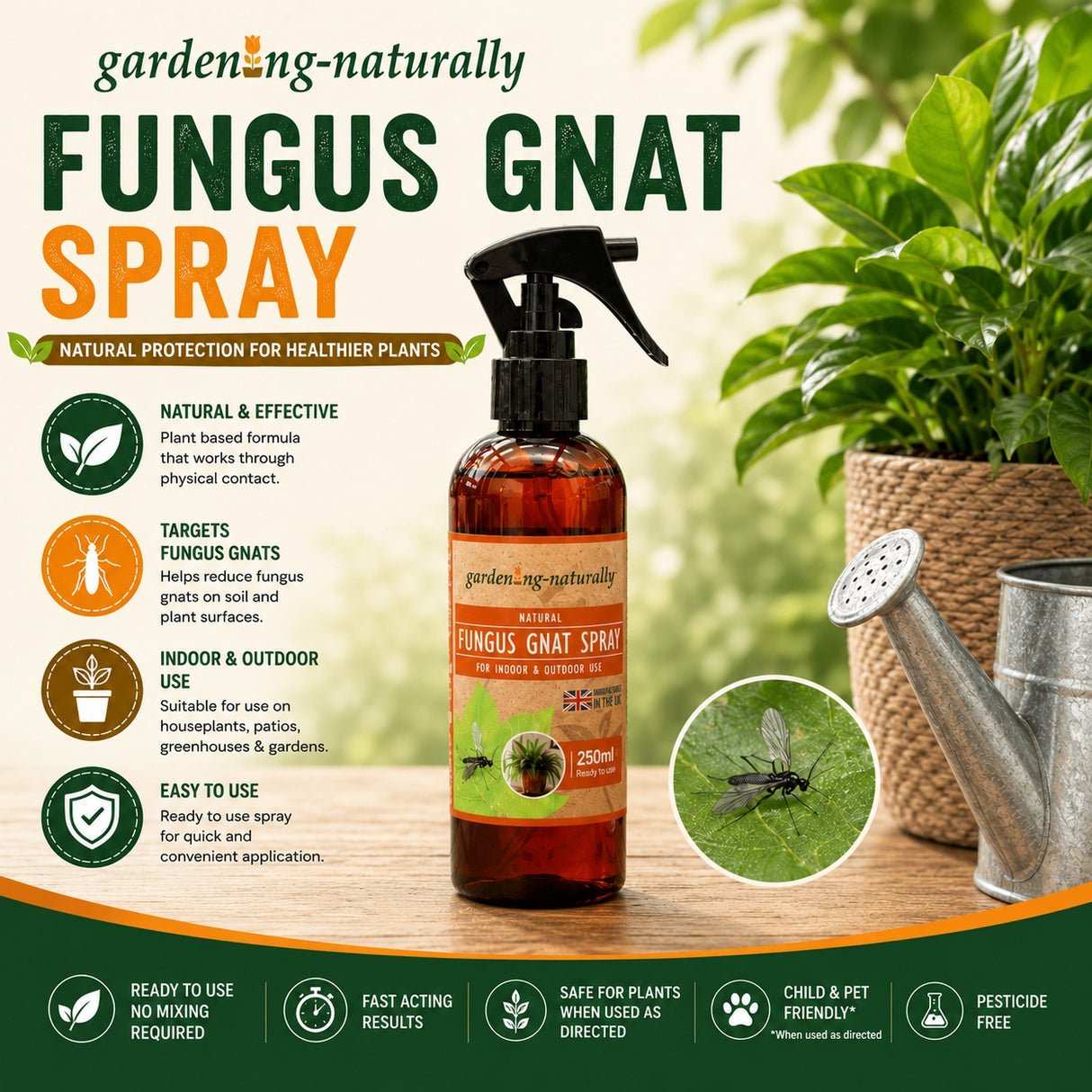Fungus gnat spray bottle with product details and benefits on a gardening-themed background.