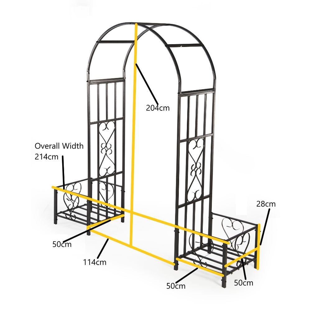 garden arch for plant support in garden with measurements on white background