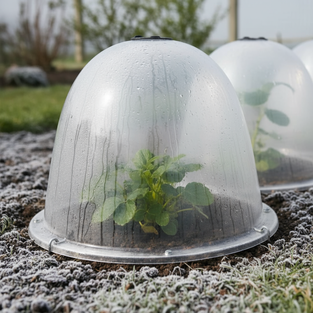 garden cloches in frosted weather with plants protected