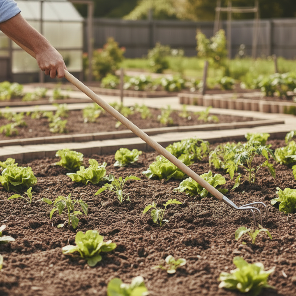 Person gardening with a cultivator in a vegetable patch