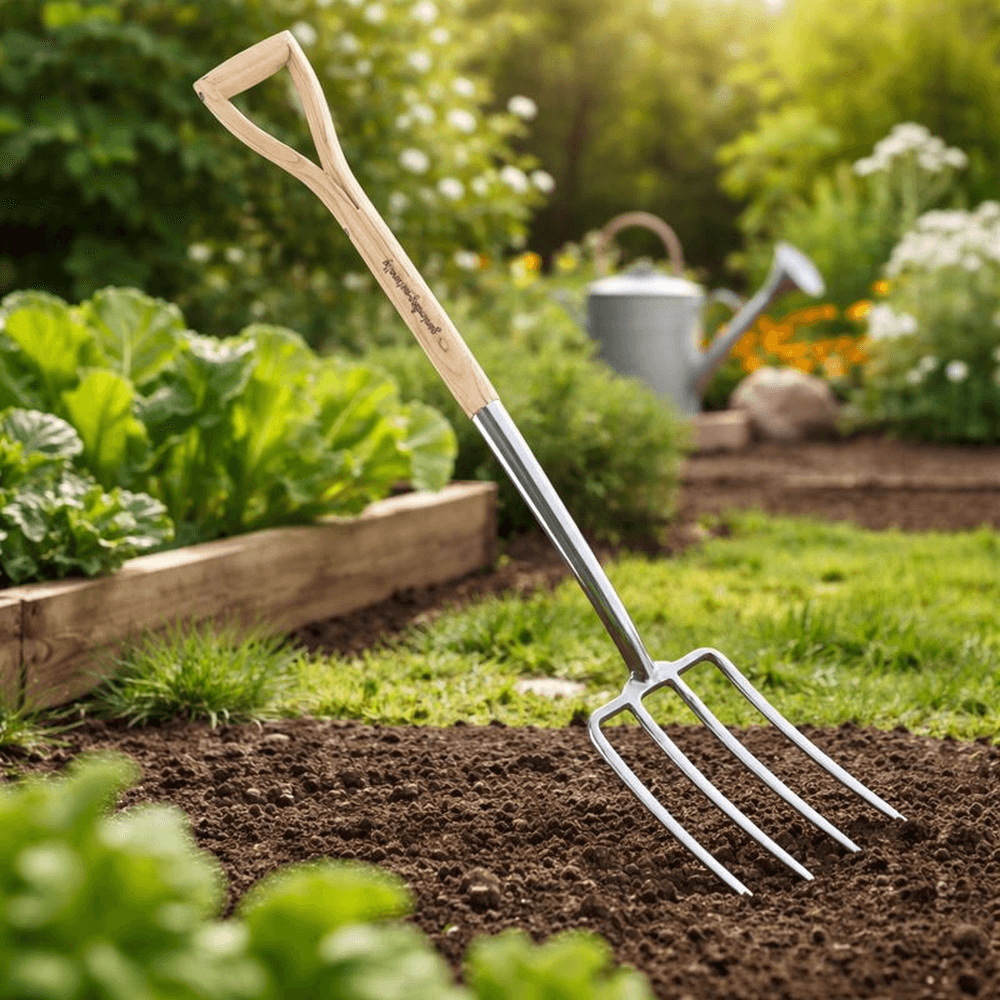 Garden digging fork with wooden handle and stainless steel tines in soil, used for turning and aerating garden beds in a vegetable garden