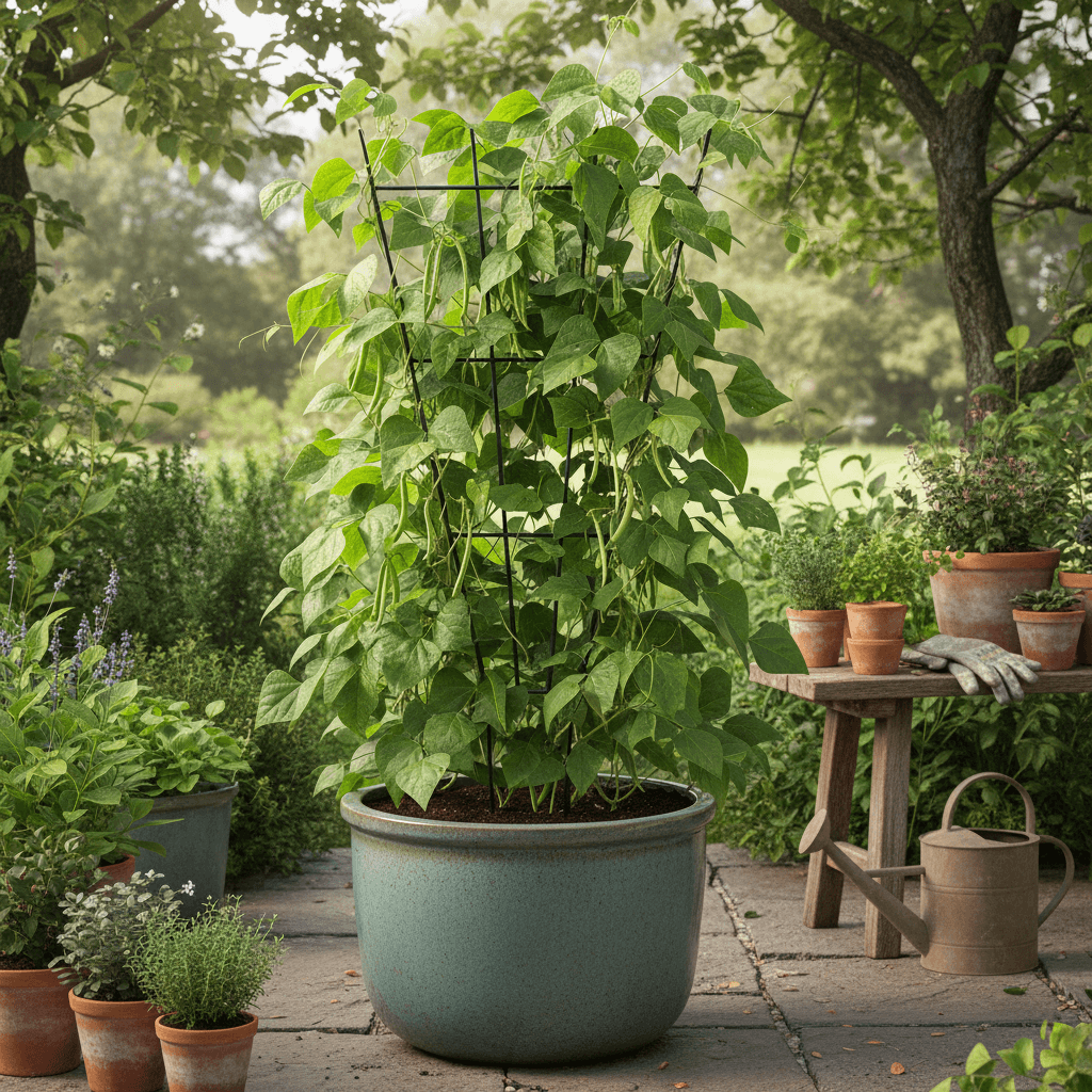 climbing plant in a pot on a garden trellis 