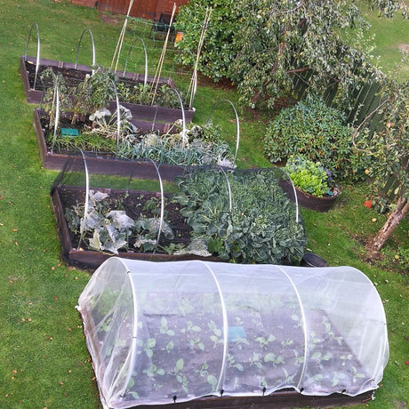garden hoops with different types of netting on raised beds