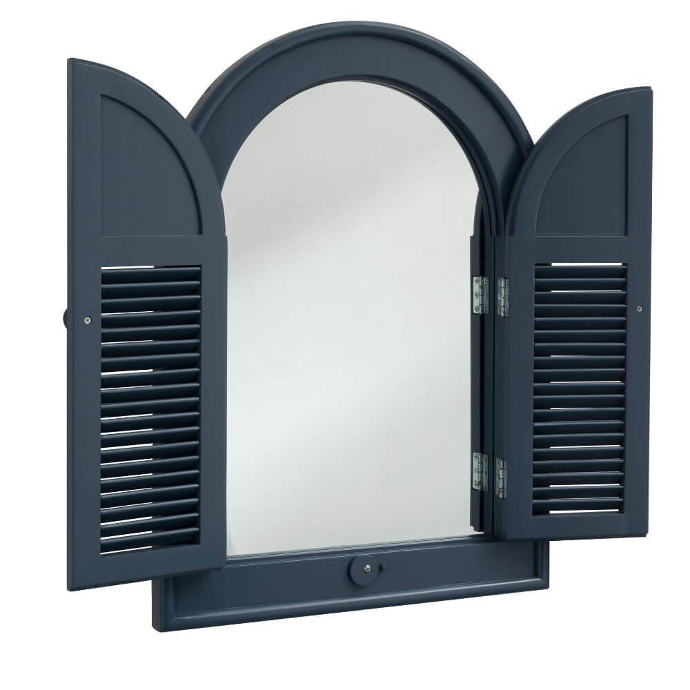 Black window style garden mirror with shutters