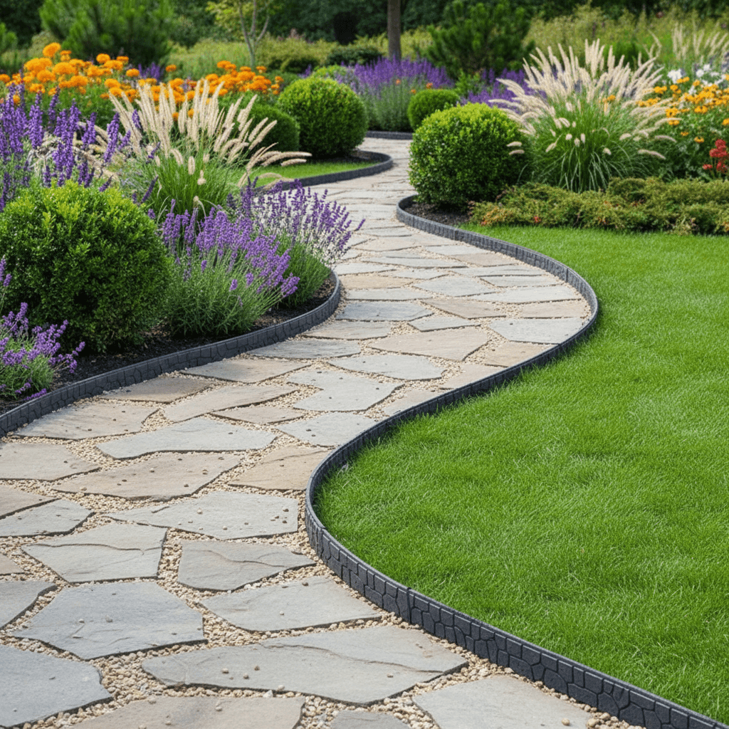 rubber lawn edging around path next to lawn on one side and flowers on the other.