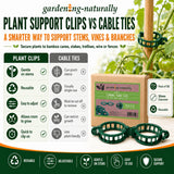 Comparison chart of plant support clips vs cable ties with packaging and product on a white background.