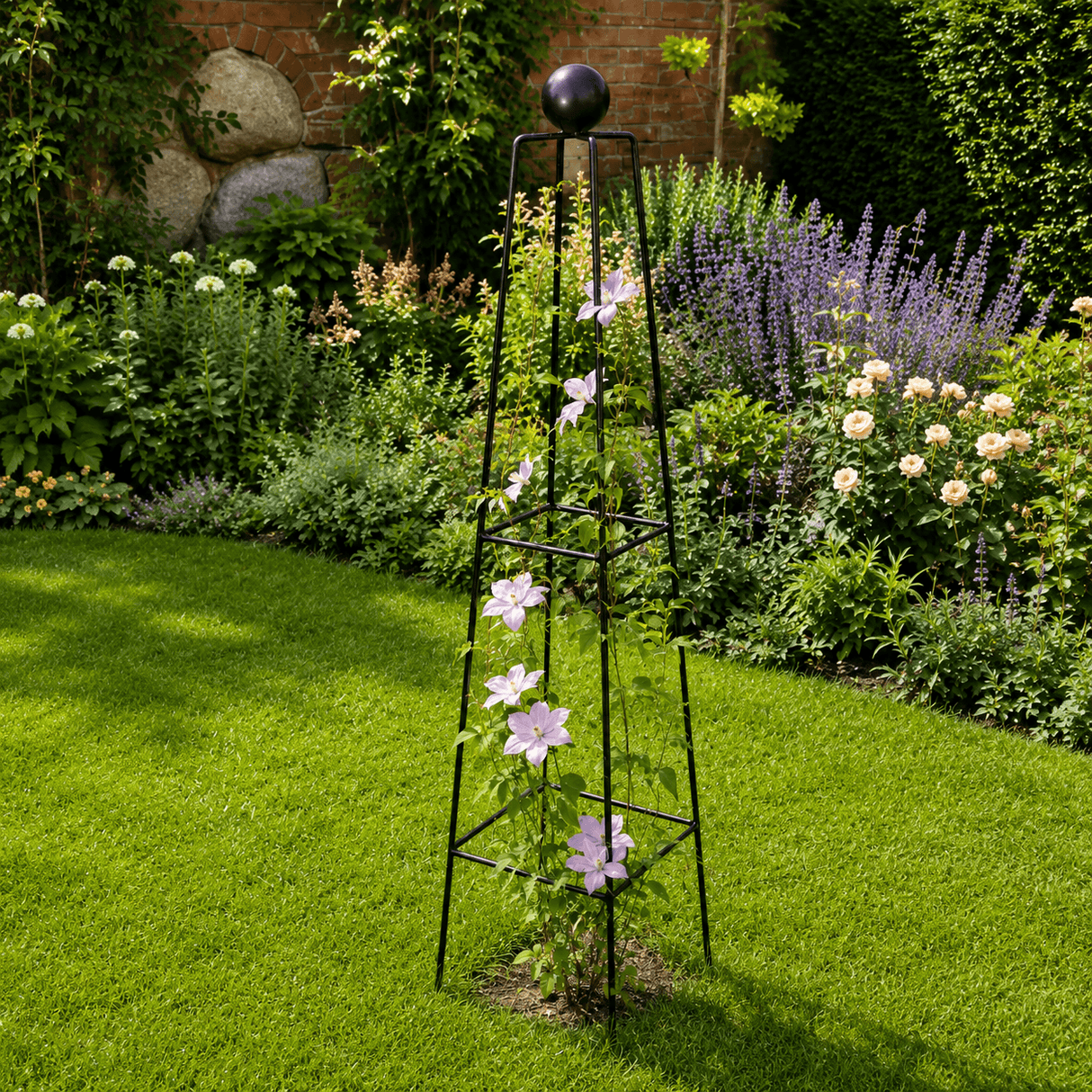 Garden trellis with climbing plants in a lush garden setting