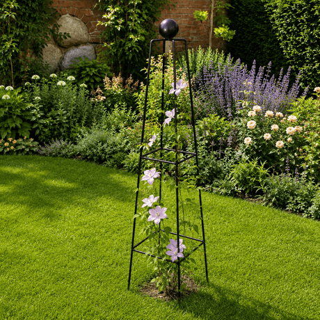 Garden trellis with climbing plants in a lush garden setting