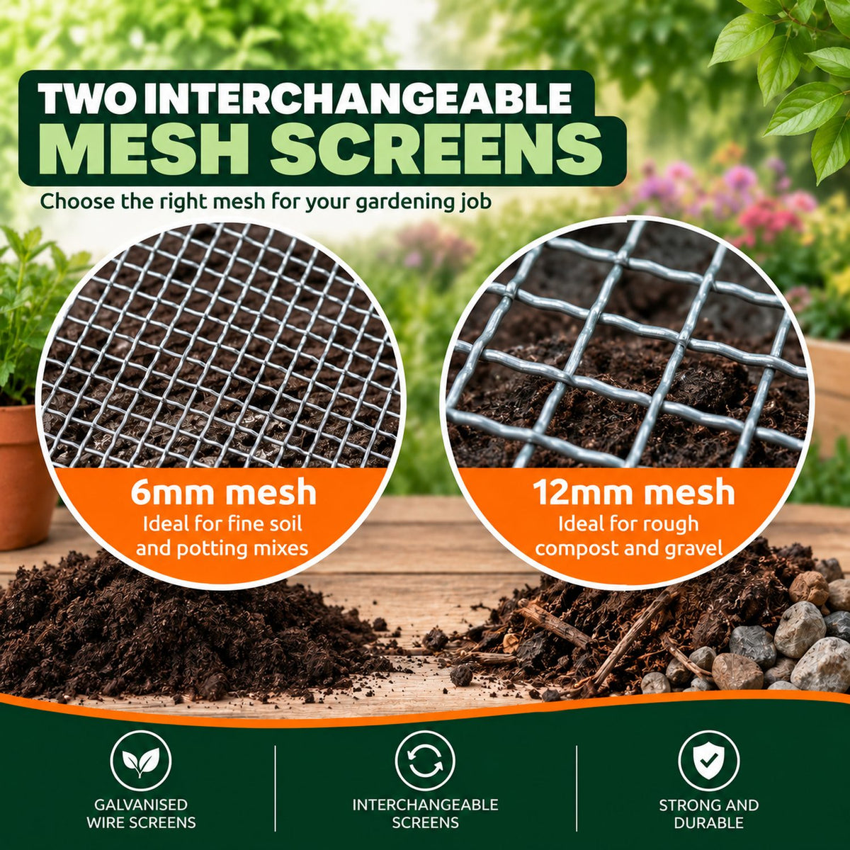 Garden sieve interchangeable 6mm and 12mm mesh screens for soil compost and gravel
