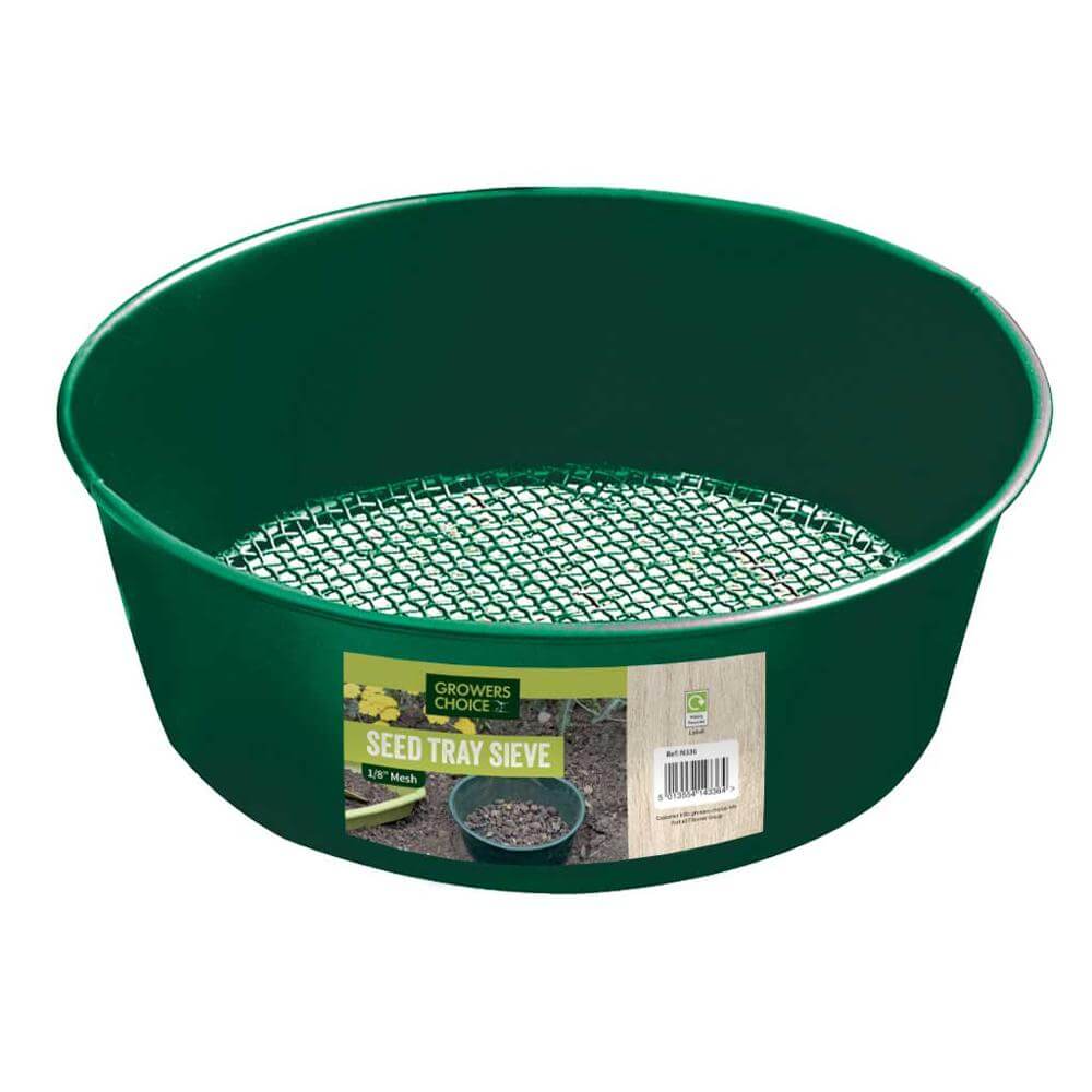 Green seed tray sieve with a label on a white background