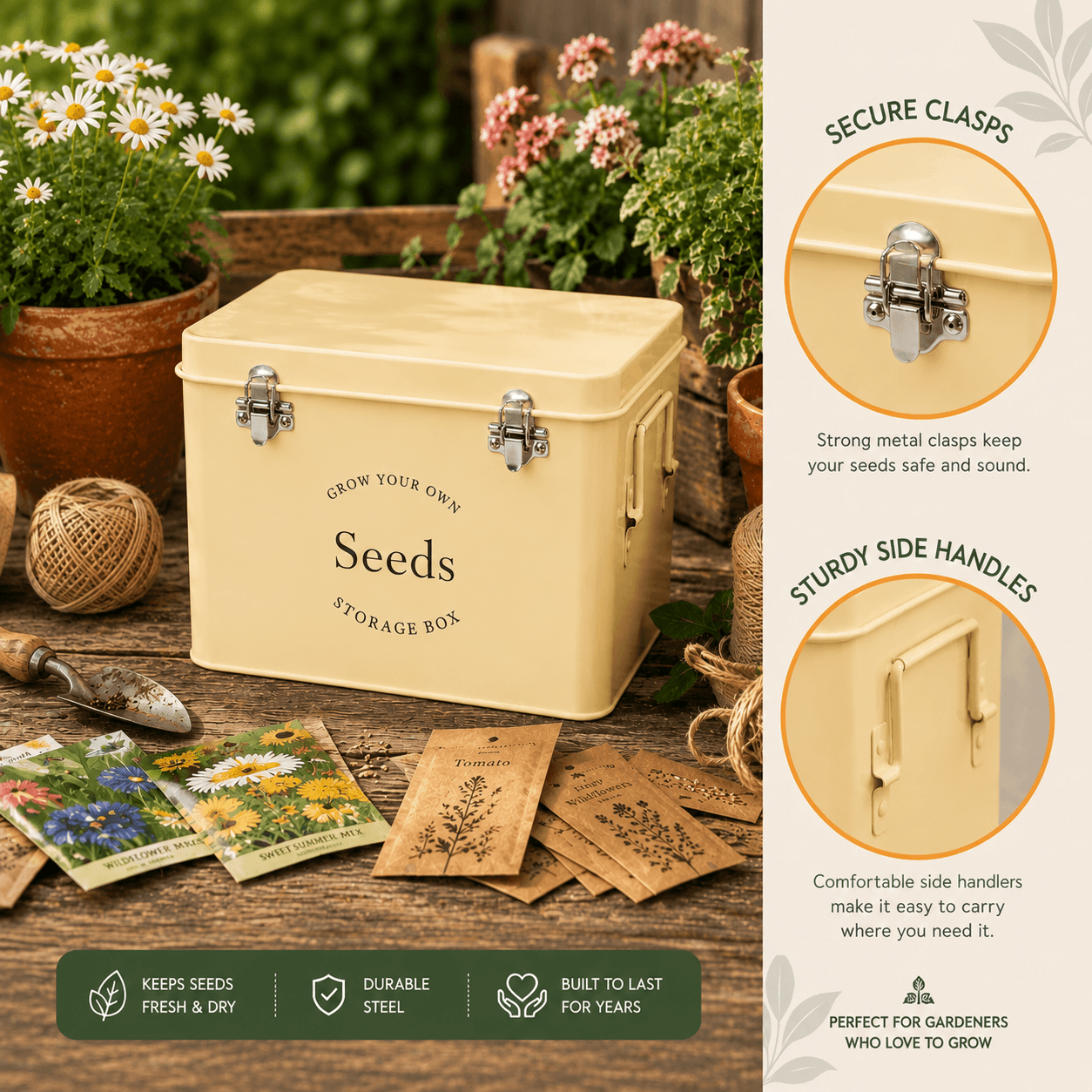 garden seed tin Seed Packet Storage Tin, Cream Metal