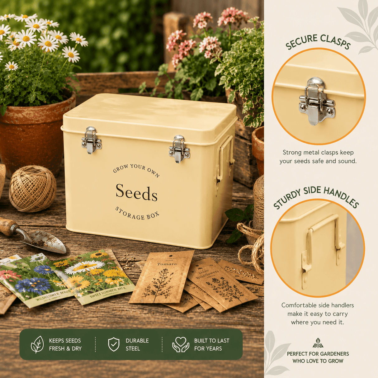Beige seeds storage box with seed packets on a wooden surface, surrounded by plants.