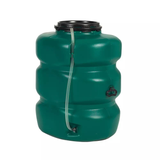 Green plastic garden water tanks with a capacity of 500 litres and 750 litres, featuring a transparent hose with a tap on the end.