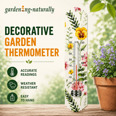Decorative garden thermometer with floral design on a blurred garden background