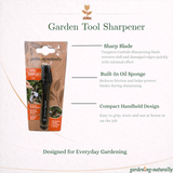 Garden Tool Sharpener packaging with product details on a white background