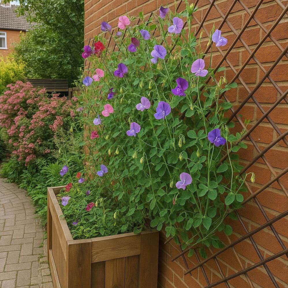 Floral plant in a wooden planter against climbing garden trellis