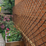 Brick wall with trellis next to a garden with flowers and plants.