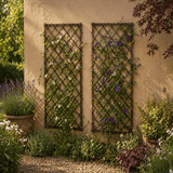 Decorative  wooden trellises on a beige wall with climbing plants and flowers.