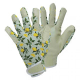 Gardening gloves with lemon pattern on palms look like leather