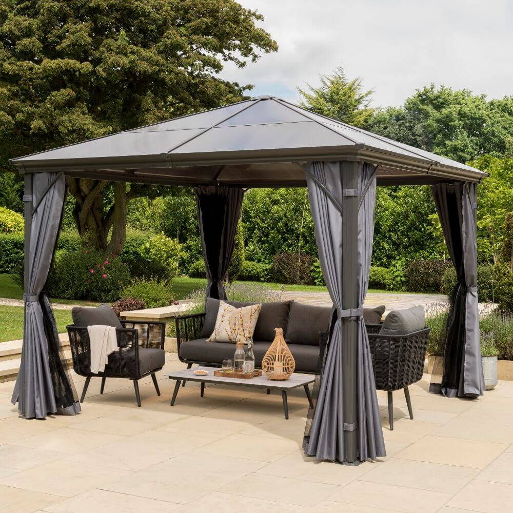 Polycarbonate garden gazebo with furniture in garden