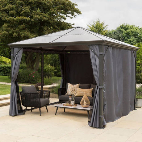 Garden Gazebo with curtains and grey
