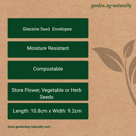 Glassine seed envelopes with features on a brown background, branded 'garden Naturally'.