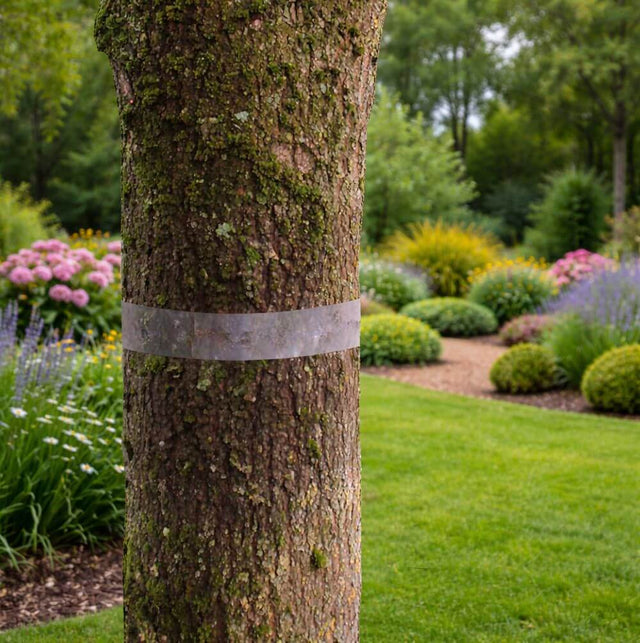 Tree trunk with a glue band in a garden setting