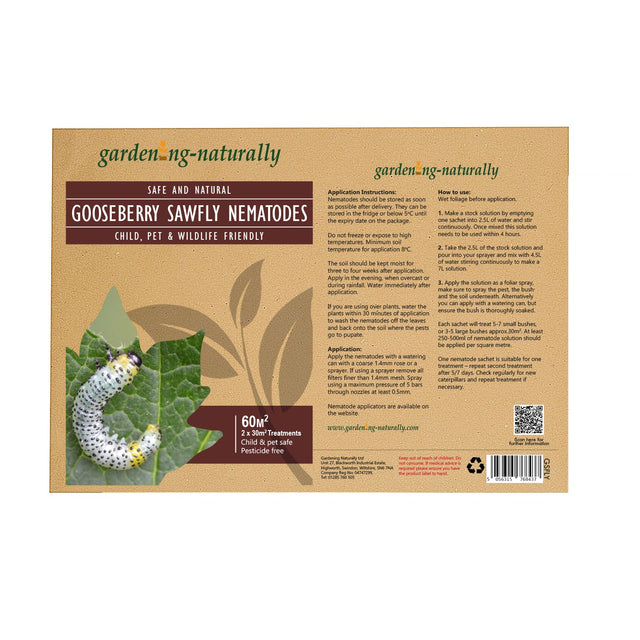 Package of gooseberry sawfly nematodes with text and illustrations on a brown background