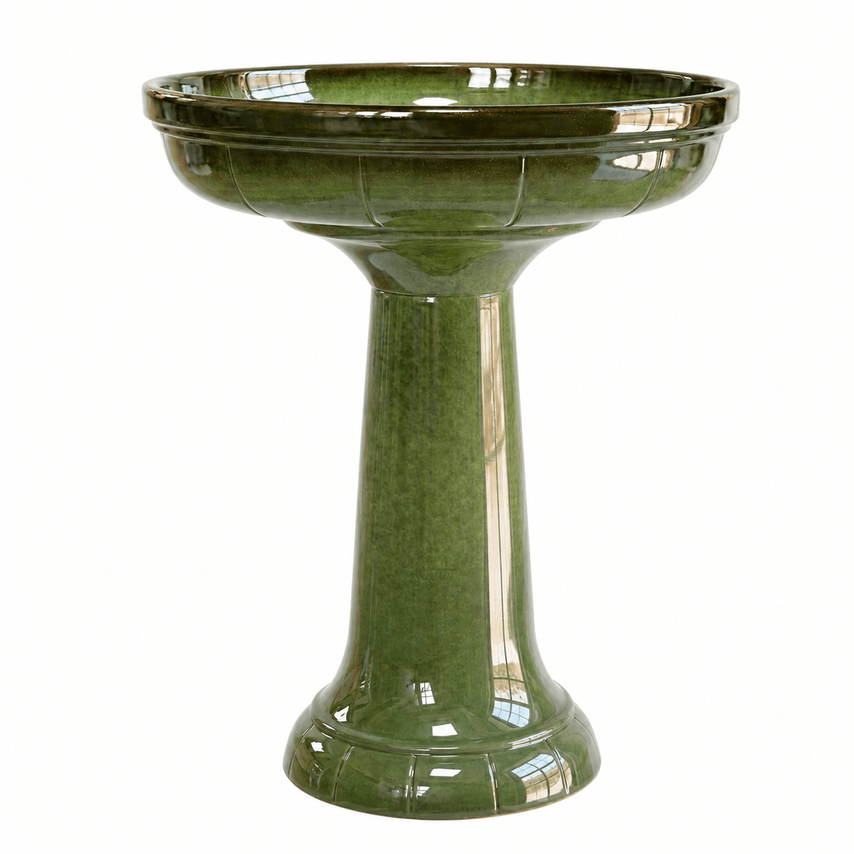 A glossy olive green pedestal birdbath with a flared rim and fluted base, shown against a plain white background.