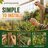 A gardening net with a green mesh grid stretched between wooden posts, being installed by hands in a garden.