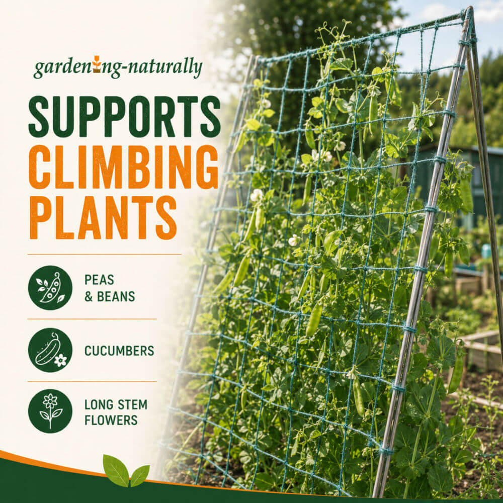 Climbing plant support netting, showing a green netting trellis set up in a garden with peas, beans, cucumbers, and long stem flowers growing along it
