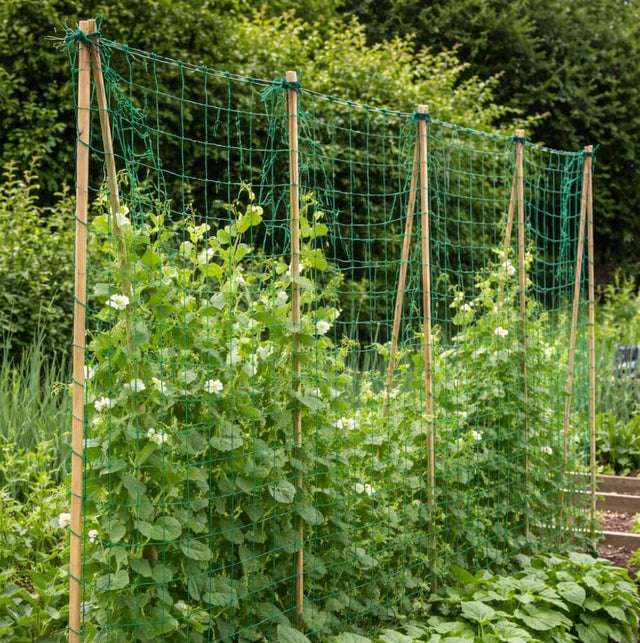 Vegetable plants growing on pea and bean netting in a garden setting