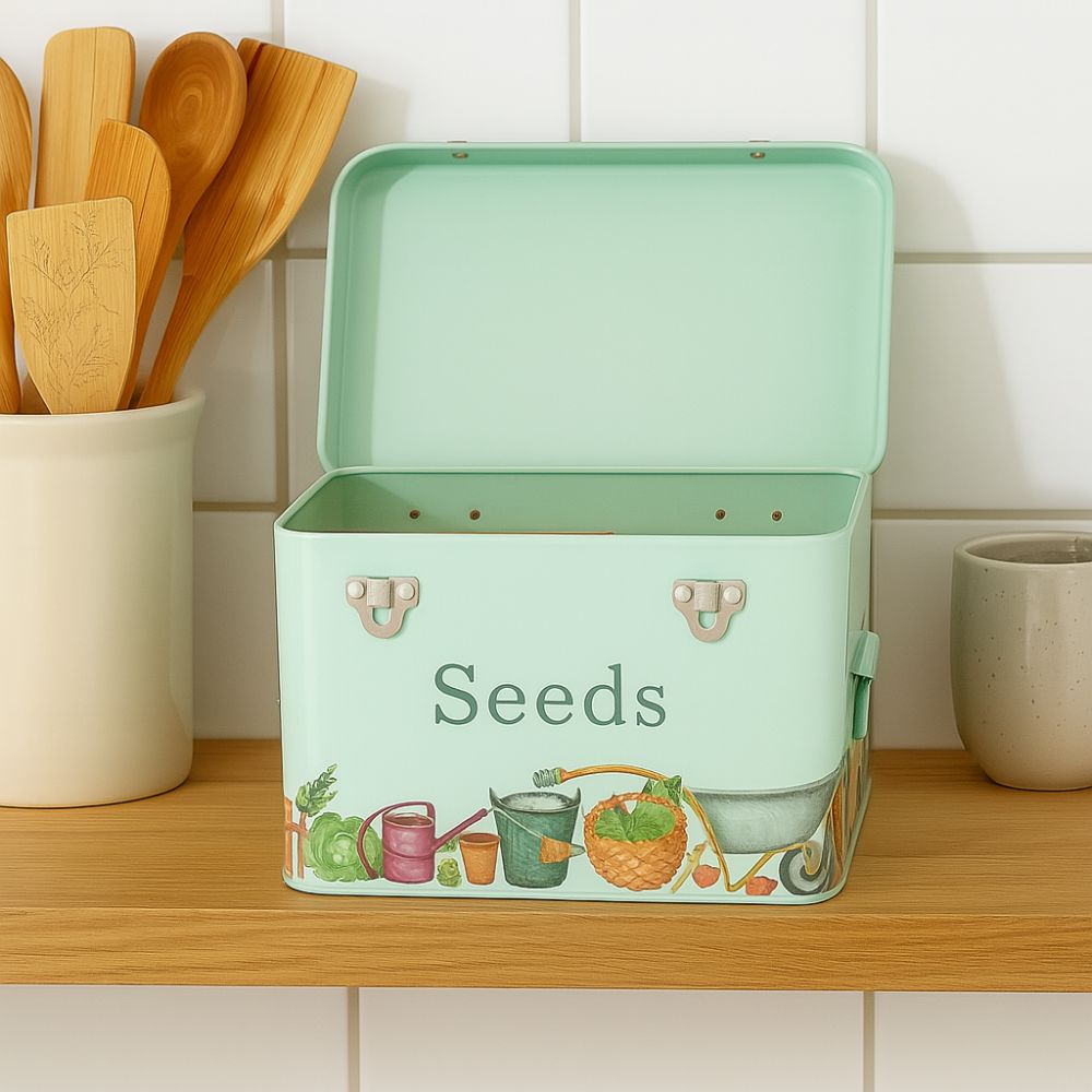 seed tin on kitchen shelf